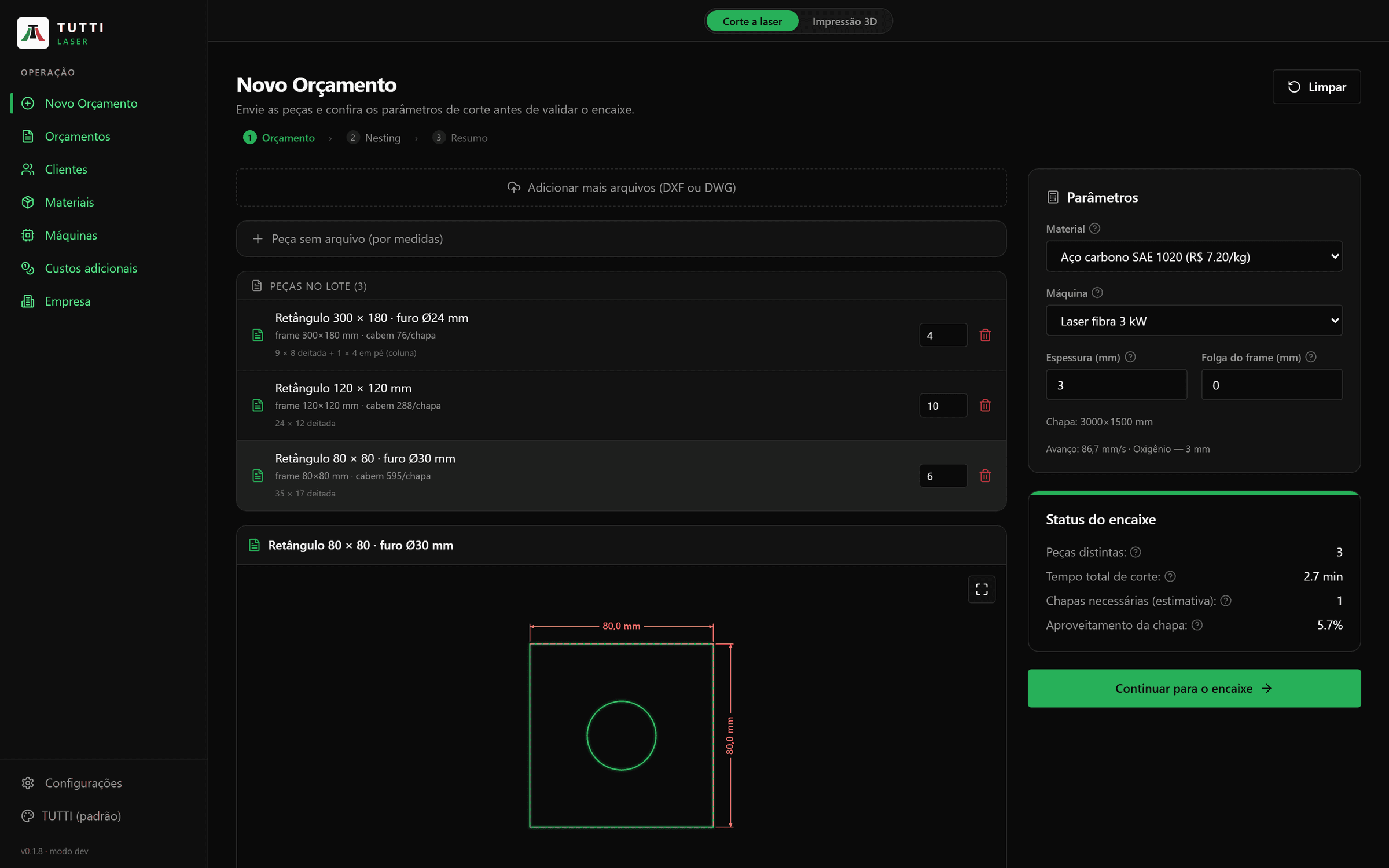 Tela do TUTTI Laser com um orçamento de corte a laser em andamento